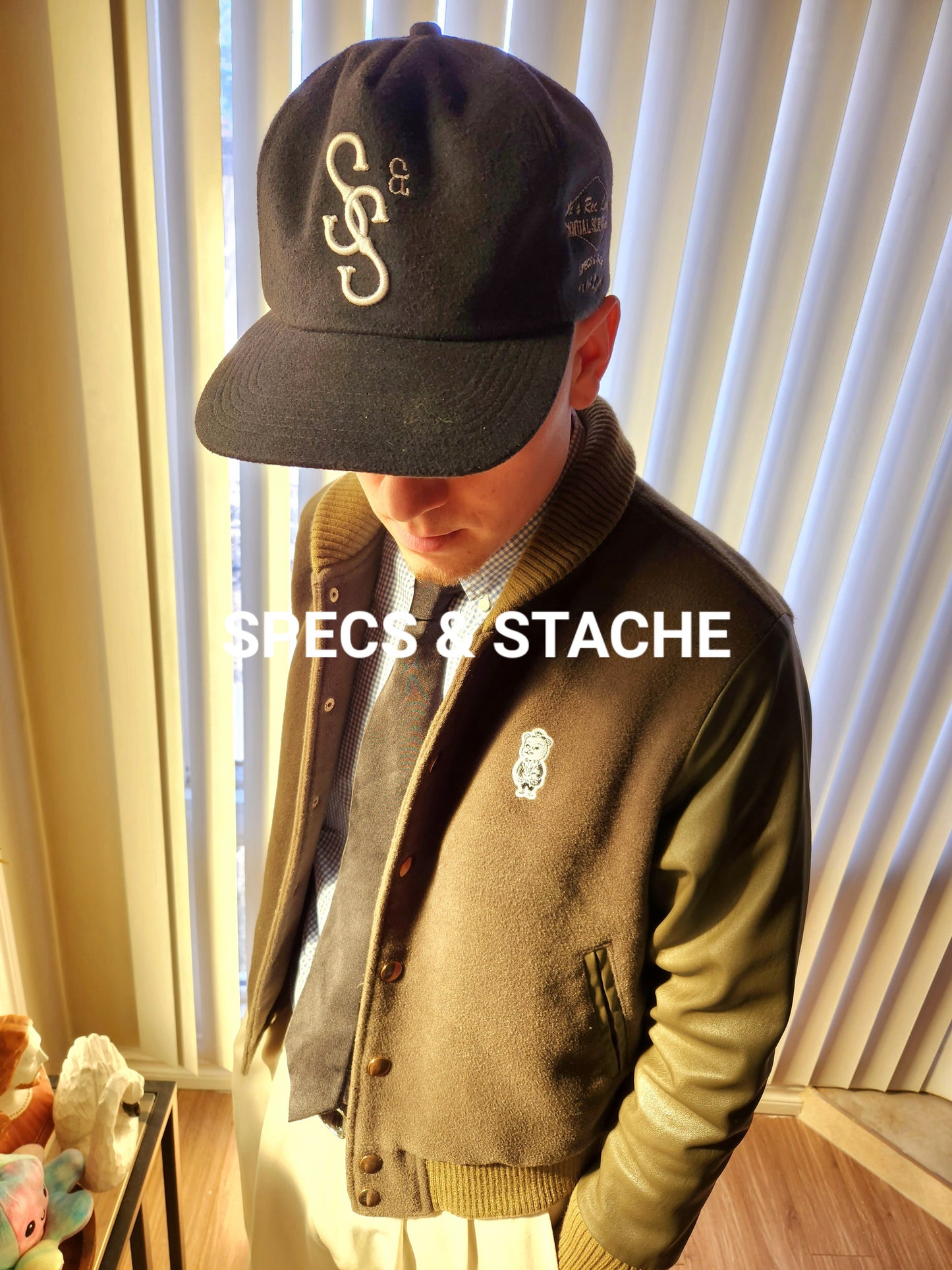 Specs & Stache Olive Varsity Jacket