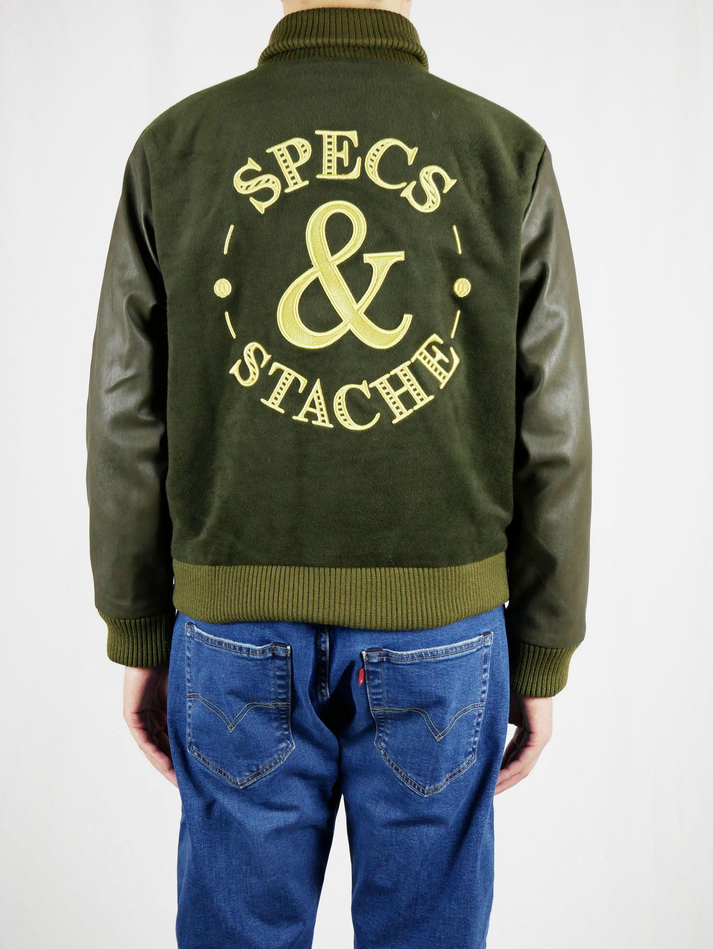 Specs & Stache Olive Varsity Jacket