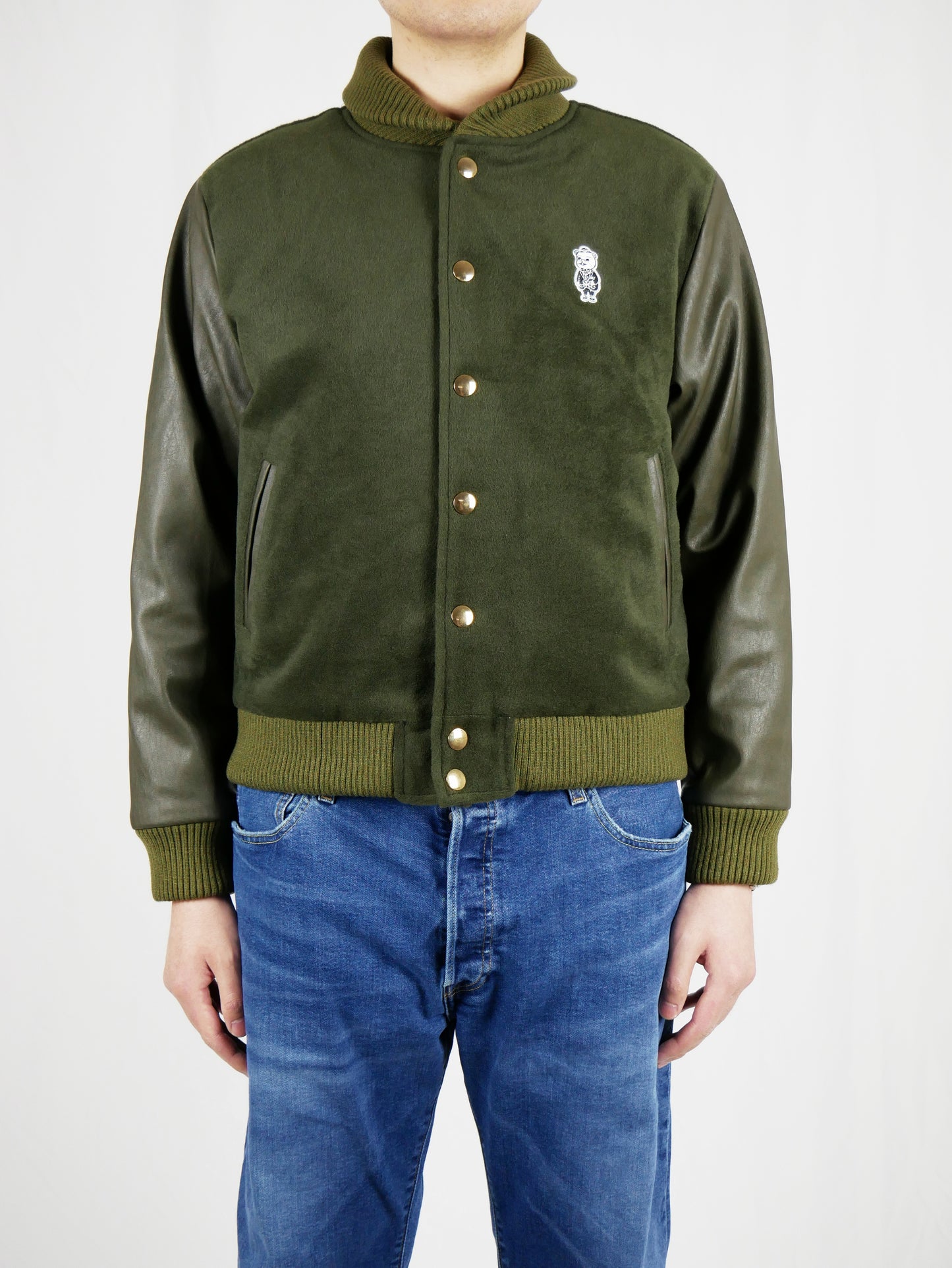 Specs & Stache Olive Varsity Jacket