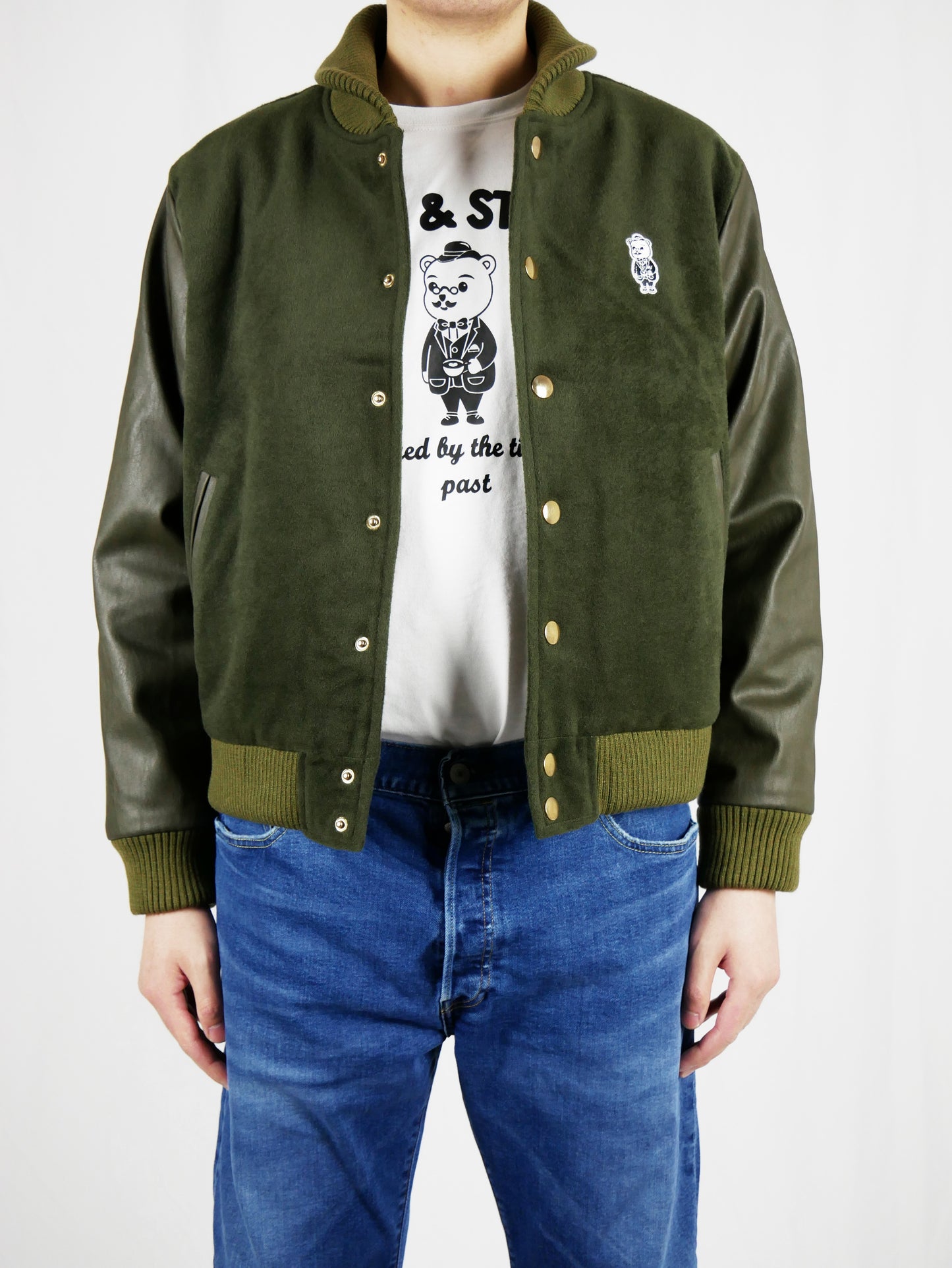 Specs & Stache Olive Varsity Jacket