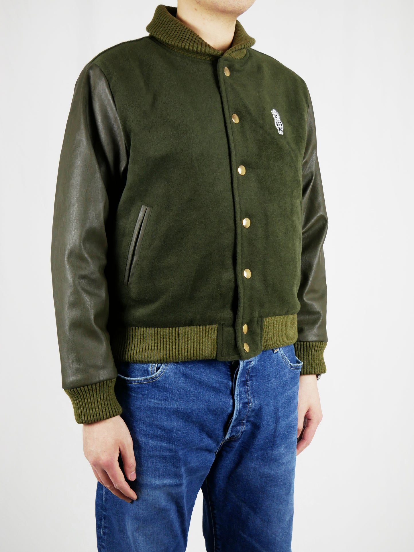 Specs & Stache Olive Varsity Jacket