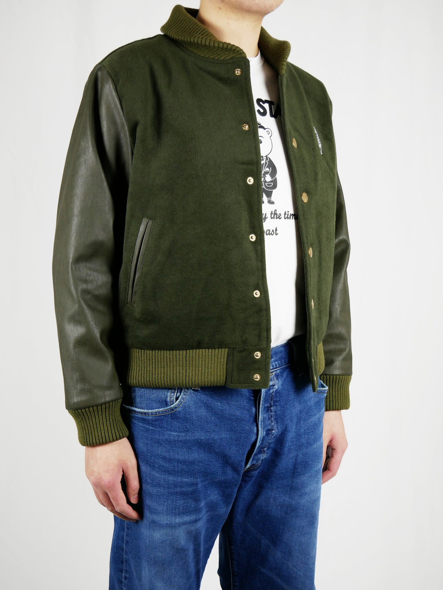 Specs & Stache Olive Varsity Jacket